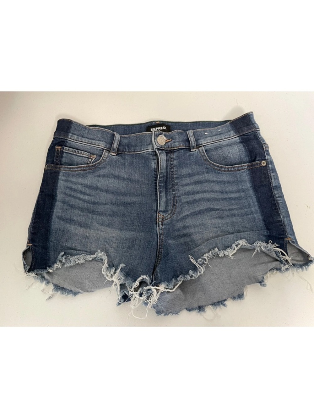 EXPRESS womens REPREVE stretch High Rise Shortie cut off denim shorts blue sz 2